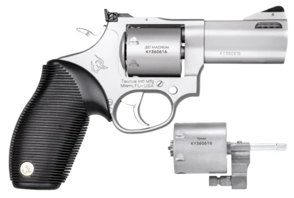Taurus 2-692039 692  9mm Luger, 38 Special +P or 357 Mag Caliber with 3" Ported Barrel, 7rd Capacity Cylinder, Overall Matte Finish Stainless Steel & Black Ribber Grip Includes 2 Cylinders