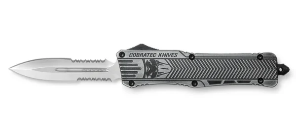 CobraTec Knives LSWCTK1LDG2SS CTK-1  Large 3.75" OTF Dagger Part Serrated D2 Steel Blade/ Stonewashed Aluminum Handle Features Glass Breaker Includes Pocket Clip