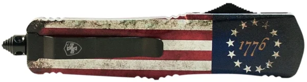 Templar Knife SBRF331 1776 Gen II Small 2.69" OTF Drop Point Plain Black Oxide Stonewashed Black 440C SS Blade/4.31" Betsy Ross Flag Aluminum Handle Features Glass Breaker Includes Pocket Clip/Sheath