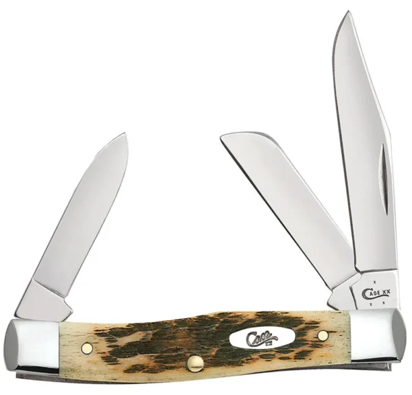 Case 00079 Stockman  Medium 2.57"/1.88"/1.76" Folding Clip/Sheepsfoot/Pen Plain Mirror Polished Chrome Vanadium Steel Blade/Peach Seed Jigged Amber Bone Handle