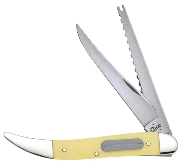 Case 00120 Fishing  3.40" Folding Clip/Fish Scaler Plain/Serrated Tumble Polish Tru-Sharp SS Blade/ Yellow Synthetic Handle