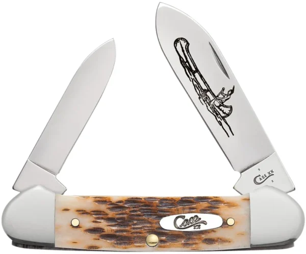 Case 00263 Canoe  2.60"/1.97" Folding Spear/Pen Plain Mirror Polished Chrome Vanadium Steel Blade/Peach Seed Jigged Amber Bone Handle