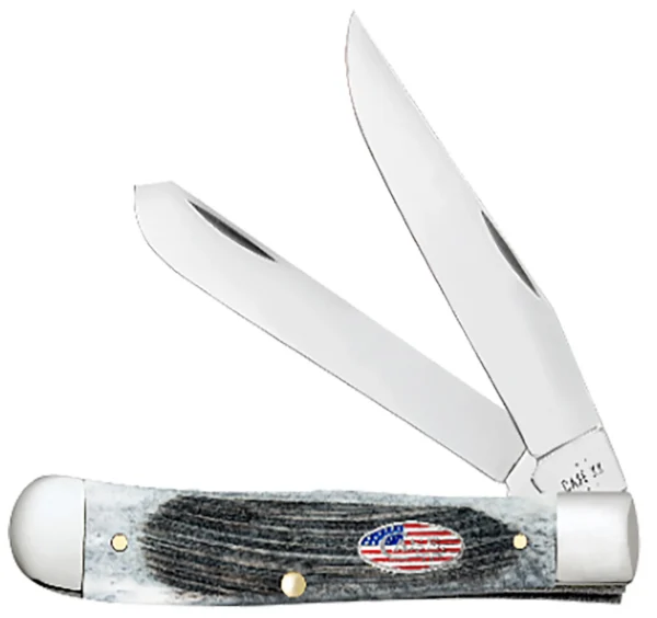 Case 53060 Trapper Stars & Stripes 3.24"/3.27" Folding Clip Point/Spey Plain Mirror Polished Tru-Sharp SS Blade, Sawcut Jig Gray Bone Handle, American Flag Shield