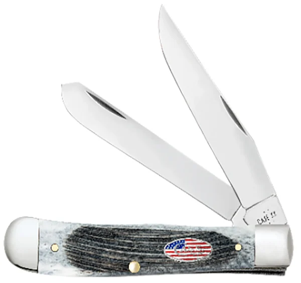 Case 53062 Sod Buster Stars & Stripes 3.70" Folding Skinner Plain Mirror Polished Tru-Sharp SS Blade, Sawcut Jig Gray Bone Handle, American Flag Shield