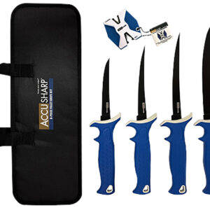 AccuSharp 737C Knife Kit 4.75/5.50/6.50/8" Fixed Fillet Plain Satin Stainless Steel Blade/ Blue Non-Slip Grip TPR Handle Includes 2-Step Sharpener