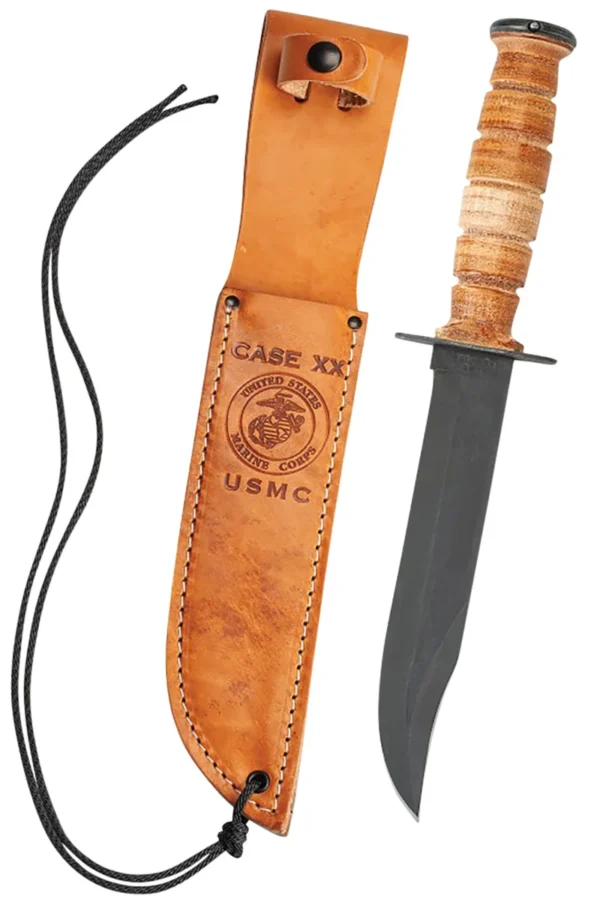 Case 00334 USMC  7" Fixed Clip Point Plain Blackened 1095 Carbon Steel Blade Grooved Leather Handle