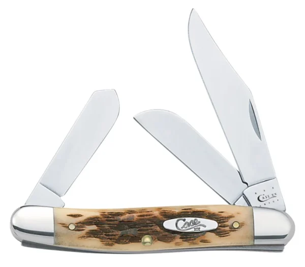 Case 00128 Stockman  Medium 2.92"/2.15"/1.90" Folding Clip/Sheepsfoot/Spey Plain Mirror Polished Tru-Sharp SS Blade/Peach Seed Jigged Amber Bone Handle